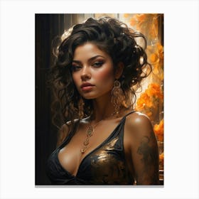 Beautiful, Sexy, and Sensual Big-Breasted Black Woman Wearing a Low-Cut Dress Illustration 11 Canvas Print