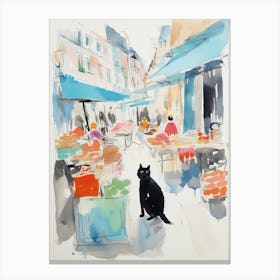 Food Market With Cats In Copenhagen 3 Watercolour Canvas Print