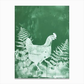 Green Ink Painting Of A Hen And Chicken Fern 2 Canvas Print