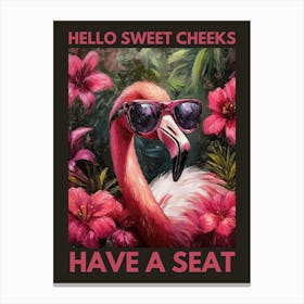 hello sweet cheeks have a seat Funny flamingo bathroom artwork in a playful kitsch aesthetic, colorful illustration in the style of 50s retro pop perfect for powder rooms, quirky spaces 3 Canvas Print