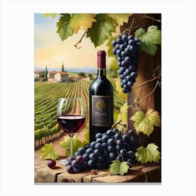 Vines,Black Grapes And Wine Bottles Painting (31) Canvas Print