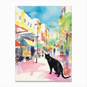 Food Market With Cats In Ibiza 1 Watercolour Canvas Print