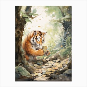 Tiger Illustration Collecting Coins Watercolour 1 Canvas Print