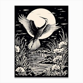 B&W Bird Linocut Egret 2 Canvas Print