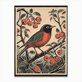 Vintage Bird Linocut European Robin 2 Canvas Print