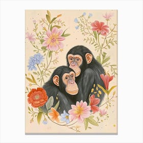 Folksy Floral Animal Drawing Chimpanzee Canvas Print