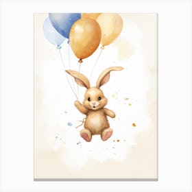 Baby Rabbit Flying With Ballons, Watercolour Nursery Art 1 Canvas Print