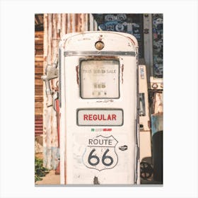 Route 66, USA I Vintage retro gas pump at Hackberry General Store in Arizona American countryside with a pastel white aesthetic photography on a road trip through the destroy American West coast to California Canvas Print