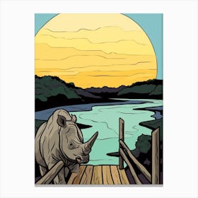 Simple Rhino Line Illustration By The River 3 Canvas Print