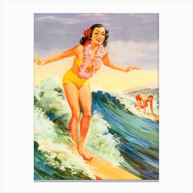 Hawaii, Pinup Girl Surfing On A Big Wave Canvas Print