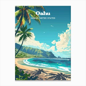 Oahu Hawaii Beach Digital Travel Illustration Canvas Print