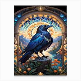 a large black crow sitting on top of a wooden stump Canvas Print