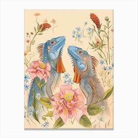 Folksy Floral Animal Drawing Iguana Canvas Print