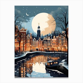 Winter Travel Night Illustration Amsterdam Netherlands 1 Canvas Print