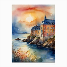 Watercolor Of A House By The Sea Canvas Print