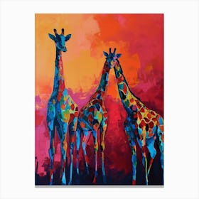 Giraffe Herd In The Red Sunset 1 Canvas Print