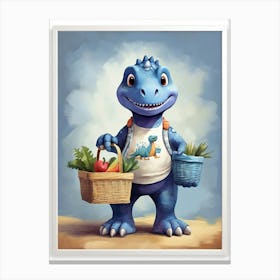 Blue Dinosaur With Shopping Basket Square Nursery Kids Canvas Print