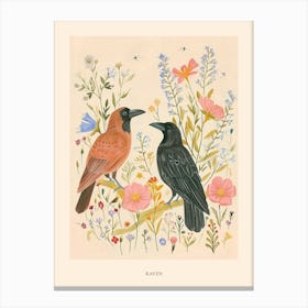 Folksy Floral Animal Drawing Raven 5 Poster Canvas Print