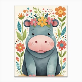 Floral Baby Hippo Nursery Illustration (35) Canvas Print