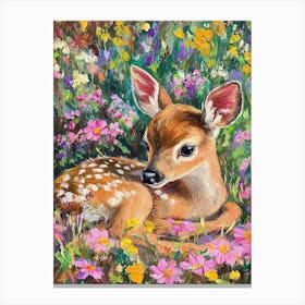 Young Deer In Wild Landscape With Spring Or Summer Colorful Flowers 1 Canvas Print