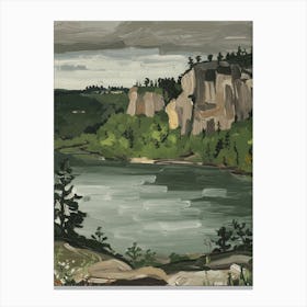 Minimalist Impressionist Landscape Serene Lake Amidst Forest And Rocky Cliffs Canvas Print