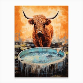 Highland Cow Drinking Out Of Water Trough2 Canvas Print