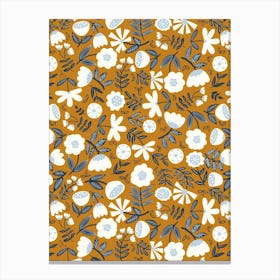 Cute Soft Scattered Scandi Florals Gold Yellow, White, Navy Blue Canvas Print