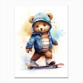 Skateboarding Teddy Bear Painting Watercolour 4 Canvas Print