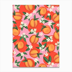 Juicy Retro Apricots with White Blossoms Bright Pink and Orange Summer Fruit Floral Canvas Print