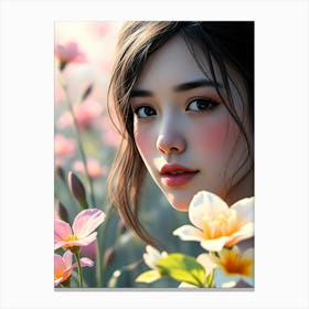 Asian Girl With Flowers 3 Canvas Print