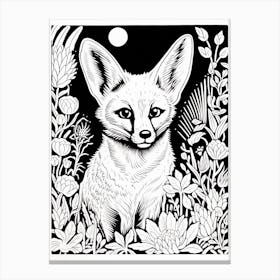 Fox In The Forest Linocut White Illustration 18 Canvas Print