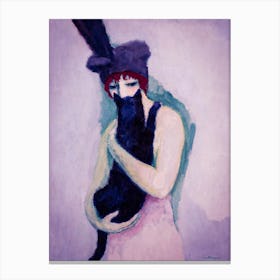 Woman with a Cat ~ Oil on Canvas Painting by Dutch-French Fauve Painter Kees van Dongen, From 1908. Depicts a Woman Holding a Black Cat in Her Arms Canvas Print