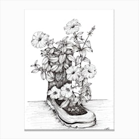 Black and White Flowers in a Boot Canvas Print