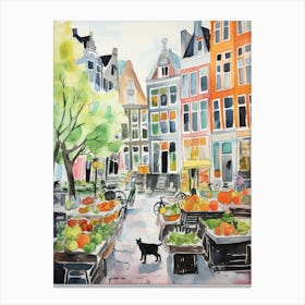 Food Market With Cats In Amsterdam 1 Watercolour Canvas Print