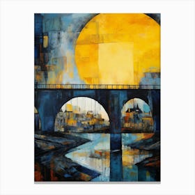 Blue Bridge with Sun II, Modern Vibrant Colorful Painting in Oil Style Canvas Print