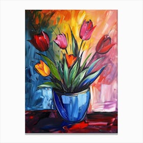 Tulips In A Blue Vase Canvas Print