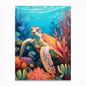 Turtle Swimming Behind The Coral Canvas Print
