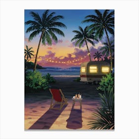 Anime Canvas Art: Sunset Tropical Beach Scene with Camper Van, String Lights, and Calm Ocean, Perfect for Lofi Aesthetic and Relaxing Coastal Decor Lovers. Canvas Print