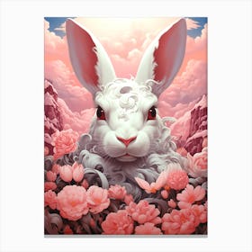 White Rabbit In Pink Flowers Canvas Print