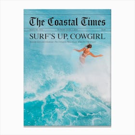 Surfs Up Cowgirl Newspaper - Black Text Canvas Print