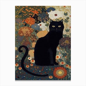 Gustav Klimt Garden, Black Cat With Flowers Meadow Botanical Canvas Print
