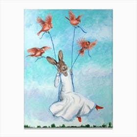 Rabbit On Swing With Birds Canvas Print