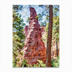 Ochres Land Majestic Cliffside Forest. This image showcases a stunning cliffside landscape adorned with lush green trees. The rocky formations exhibit a range of warm hues, from sandy yellows to deep reds, creating a striking contrast against the vibrant blue sky. The scene captures the beauty of nature's rugged terrain and the resilience of trees growing on steep, rocky surfaces. 5 Canvas Print