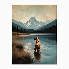Dog enjoying serenity of the Lake in Mountain range Canvas Print