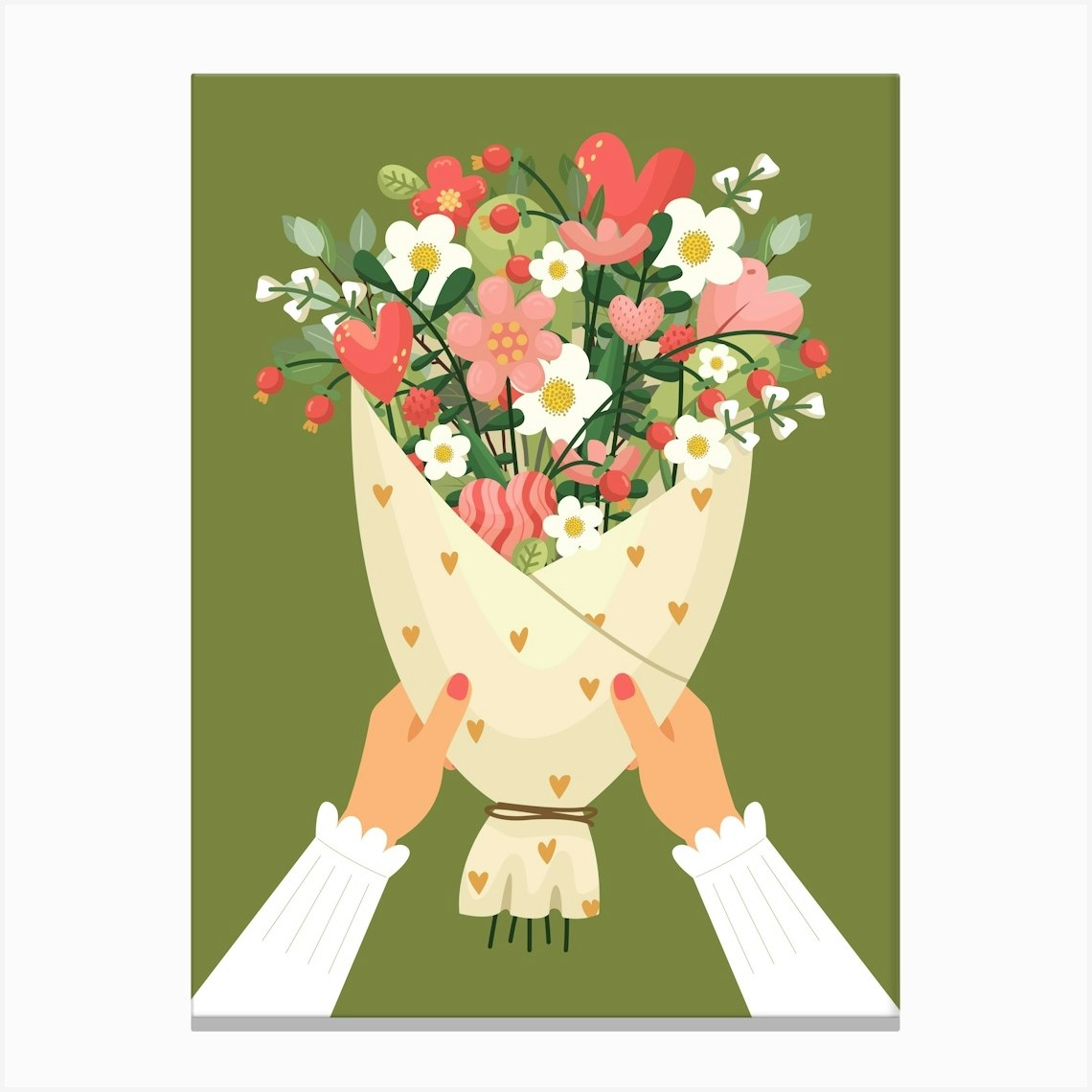 Love Bouquet Of Flowers Valentines Green Canvas Print by Melon Daisy Art