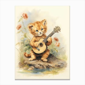 Playing Music Watercolour Lion Art Painting 1 Canvas Print