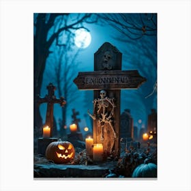 A Wooden Signboard Bathed In An Eerie Glow From A Full Moon Looming Ominously Above A Desolate Cem Canvas Print