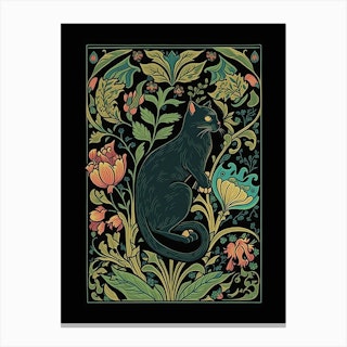 William Morris  Inspired Cats Collection Black Background Leaves Green Canvas Print