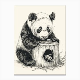 Giant Panda Cub Playing With A Beehive Ink Illustration 1 Canvas Print
