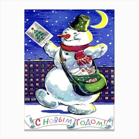 Happy Snowman With New Year Letters, Vintage Soviet Holiday Poster Canvas Print